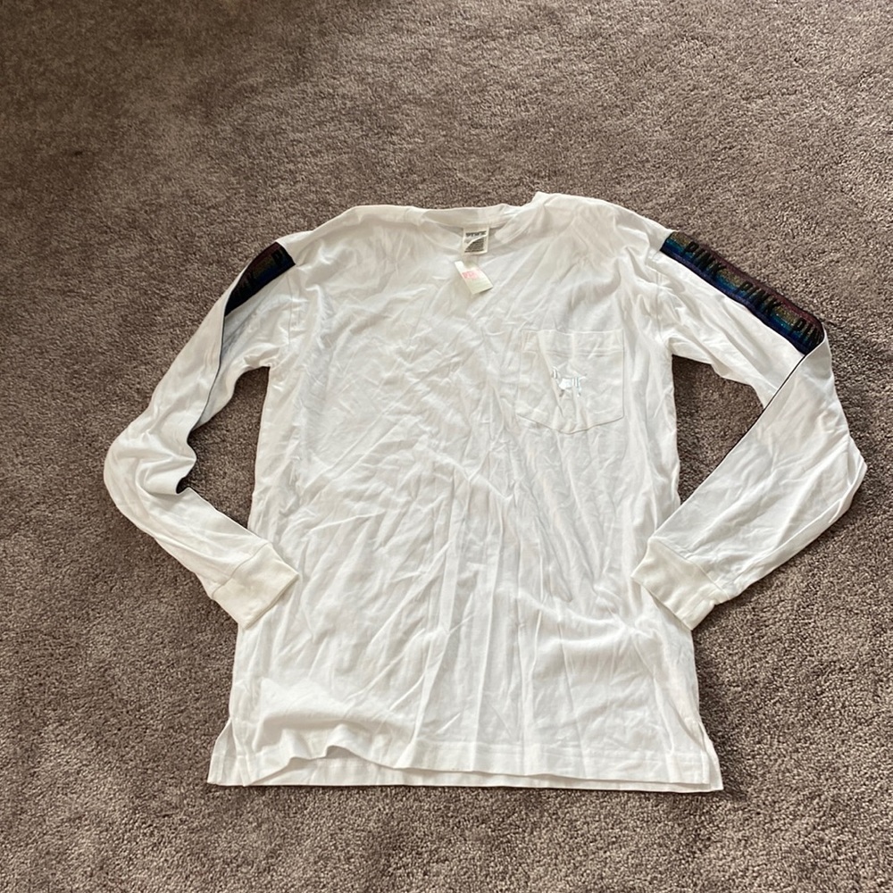 Pink VS White Sparkle Rainbow Trim Long Sleeve Sequin Logo Top SIZE XS